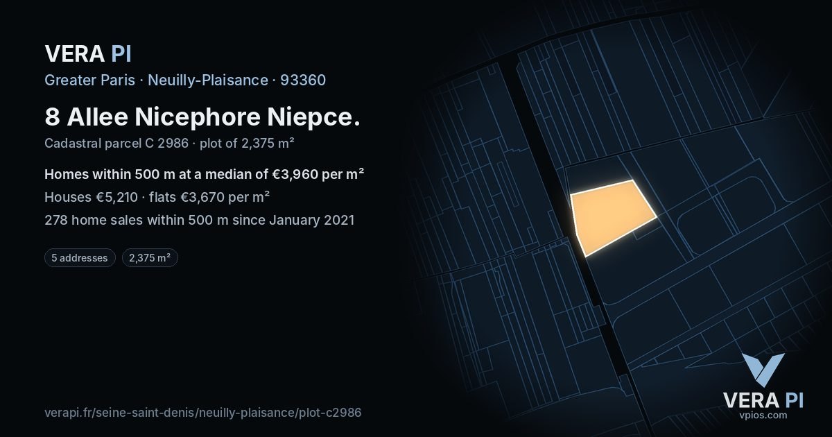 8 Allee Nicephore Niepce, Neuilly-Plaisance at night – the plot lit, the parcels around coloured by the prices near them