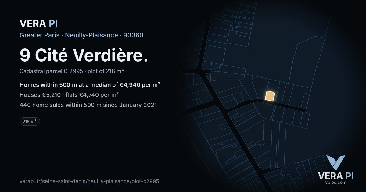 9 Cité Verdière, Neuilly-Plaisance at night – the plot lit, the parcels around coloured by the prices near them