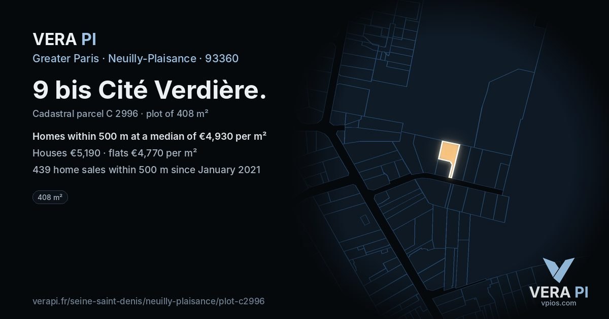 9 bis Cité Verdière, Neuilly-Plaisance at night – the plot lit, the parcels around coloured by the prices near them