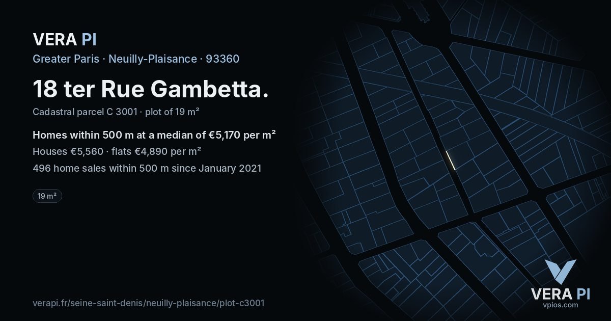 18 ter Rue Gambetta, Neuilly-Plaisance at night – the plot lit, the parcels around coloured by the prices near them