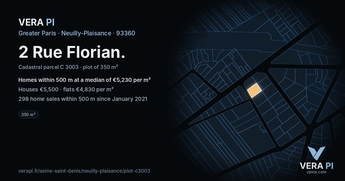 2 Rue Florian, Neuilly-Plaisance at night – the plot lit, the parcels around coloured by the prices near them