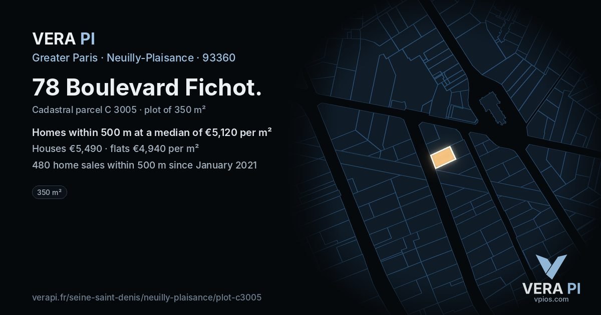78 Boulevard Fichot, Neuilly-Plaisance at night – the plot lit, the parcels around coloured by the prices near them