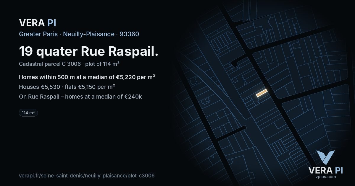 19 quater Rue Raspail, Neuilly-Plaisance at night – the plot lit, the parcels around coloured by the prices near them