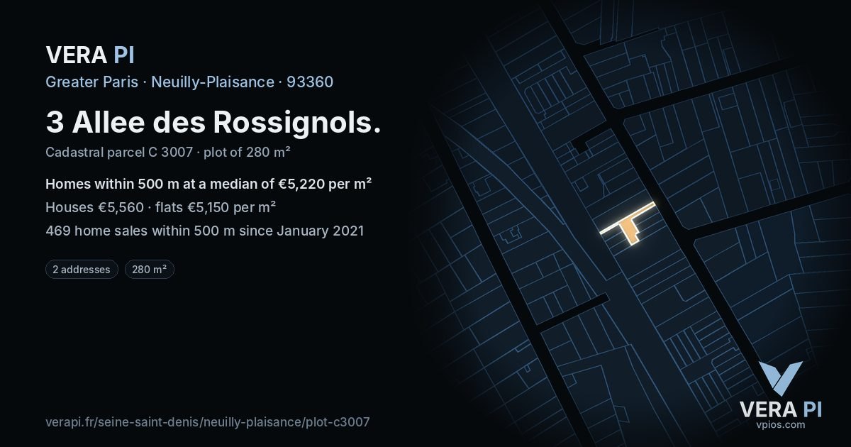 3 Allee des Rossignols, Neuilly-Plaisance at night – the plot lit, the parcels around coloured by the prices near them