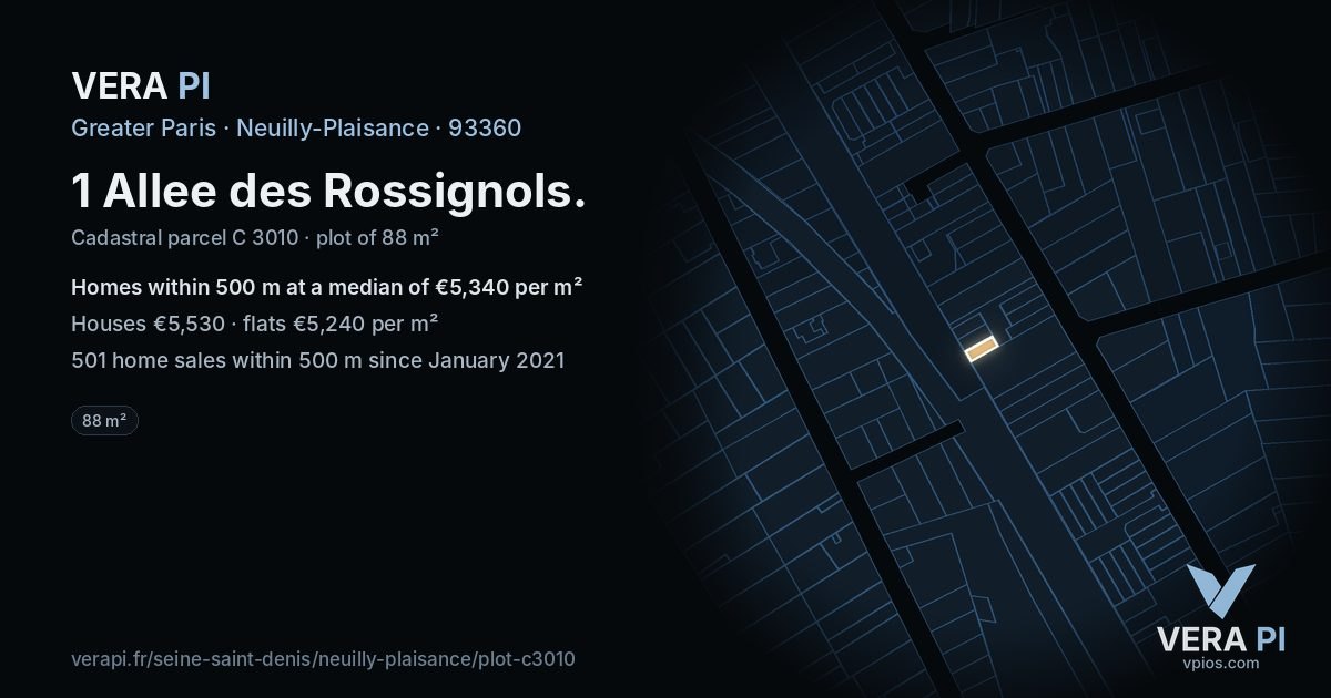 1 Allee des Rossignols, Neuilly-Plaisance at night – the plot lit, the parcels around coloured by the prices near them