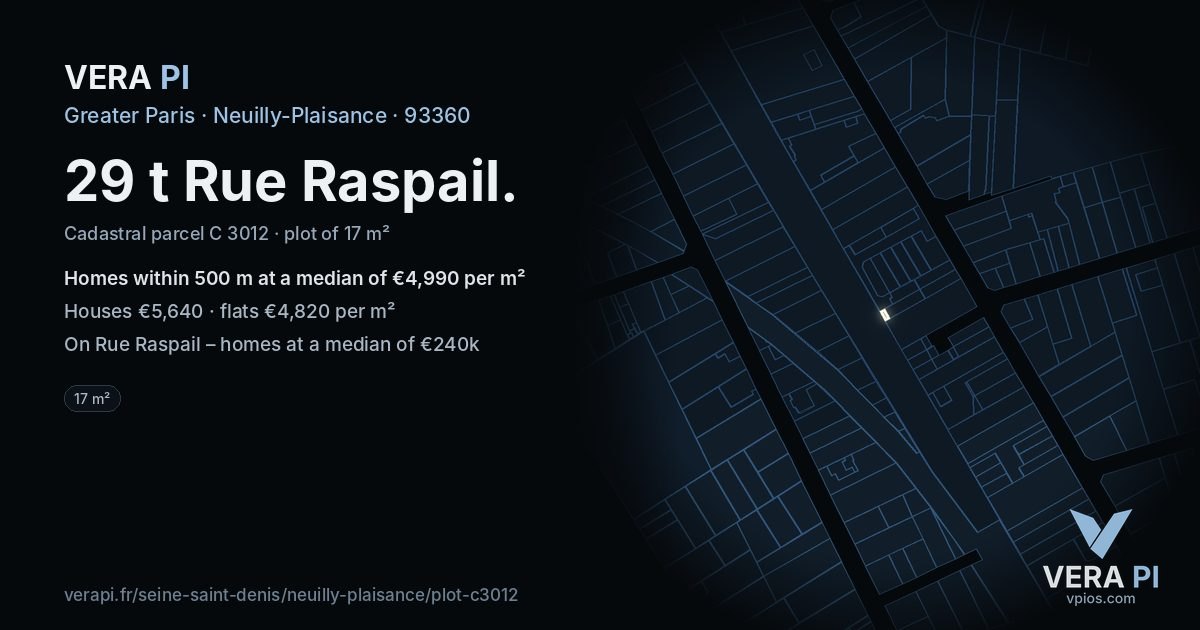 29 t Rue Raspail, Neuilly-Plaisance at night – the plot lit, the parcels around coloured by the prices near them