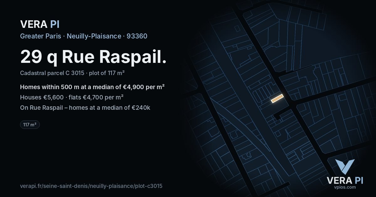 29 q Rue Raspail, Neuilly-Plaisance at night – the plot lit, the parcels around coloured by the prices near them