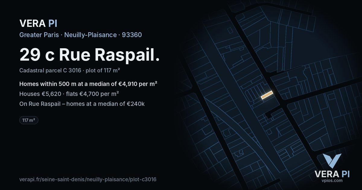 29 c Rue Raspail, Neuilly-Plaisance at night – the plot lit, the parcels around coloured by the prices near them