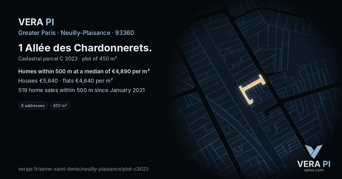 1 Allée des Chardonnerets, Neuilly-Plaisance at night – the plot lit, the parcels around coloured by the prices near them
