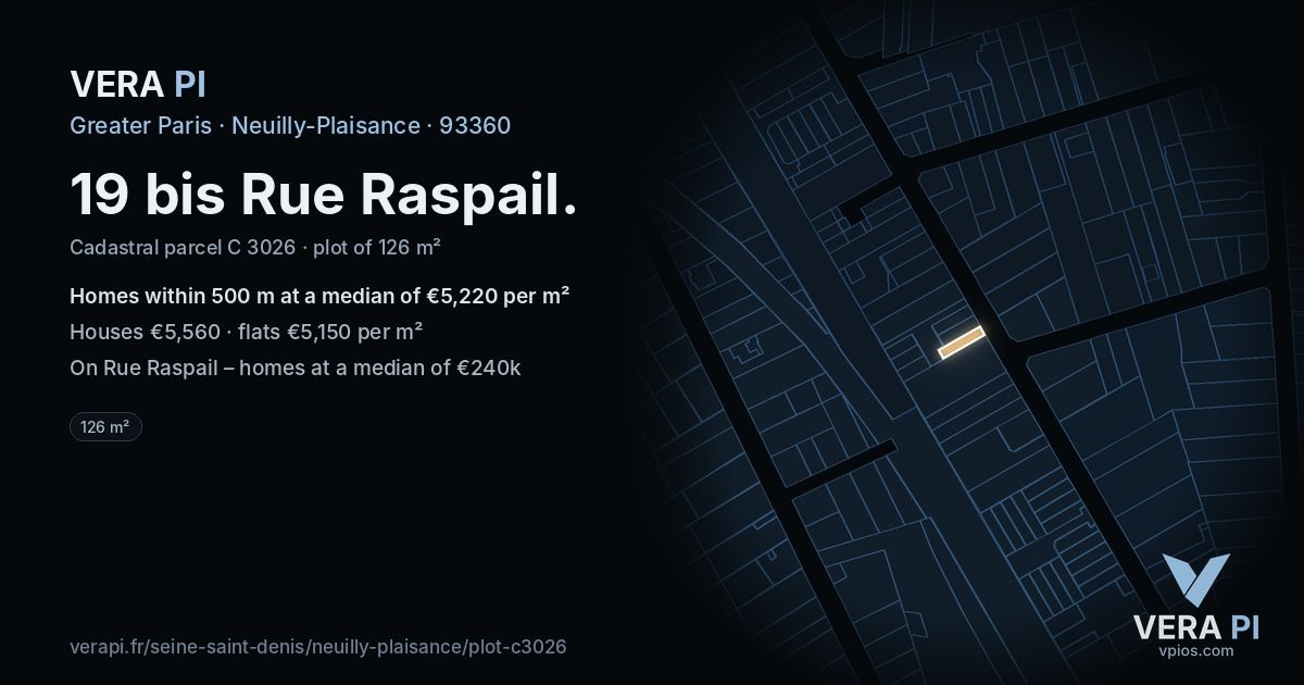 19 bis Rue Raspail, Neuilly-Plaisance at night – the plot lit, the parcels around coloured by the prices near them
