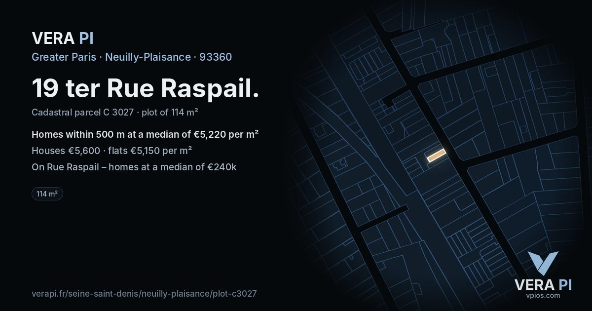 19 ter Rue Raspail, Neuilly-Plaisance at night – the plot lit, the parcels around coloured by the prices near them