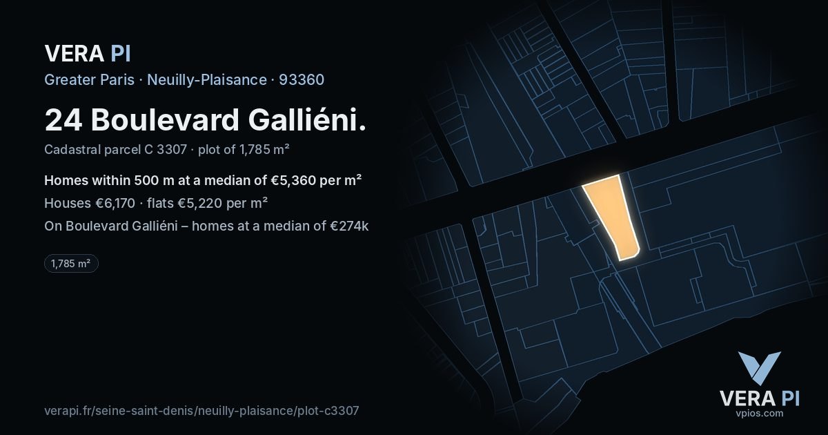 24 Boulevard Galliéni, Neuilly-Plaisance at night – the plot lit, the parcels around coloured by the prices near them
