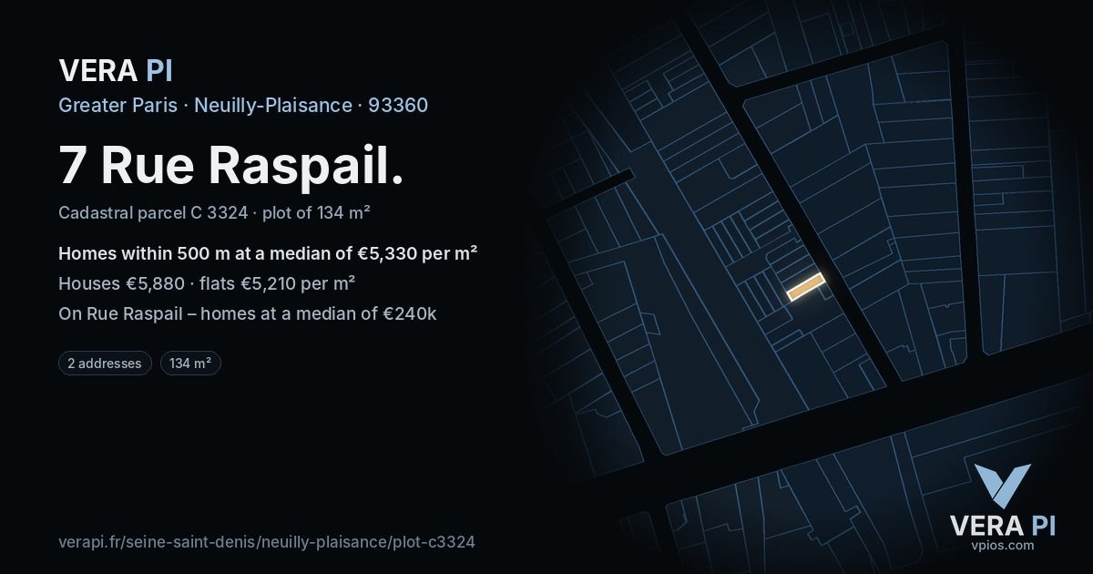 7 Rue Raspail, Neuilly-Plaisance at night – the plot lit, the parcels around coloured by the prices near them