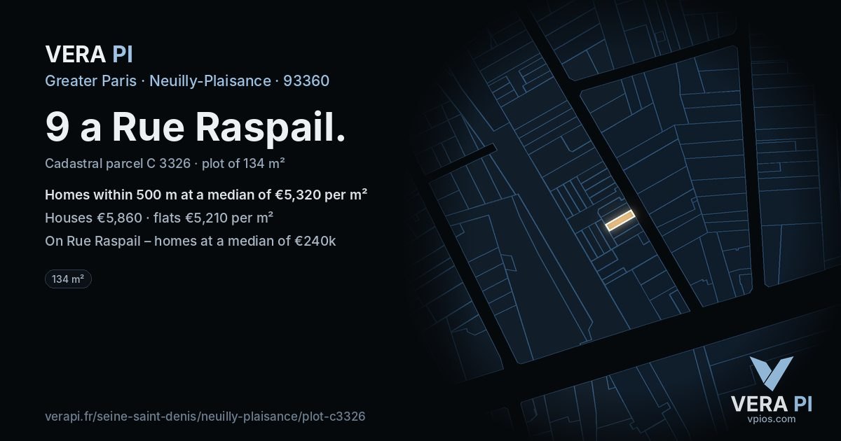 9 a Rue Raspail, Neuilly-Plaisance at night – the plot lit, the parcels around coloured by the prices near them