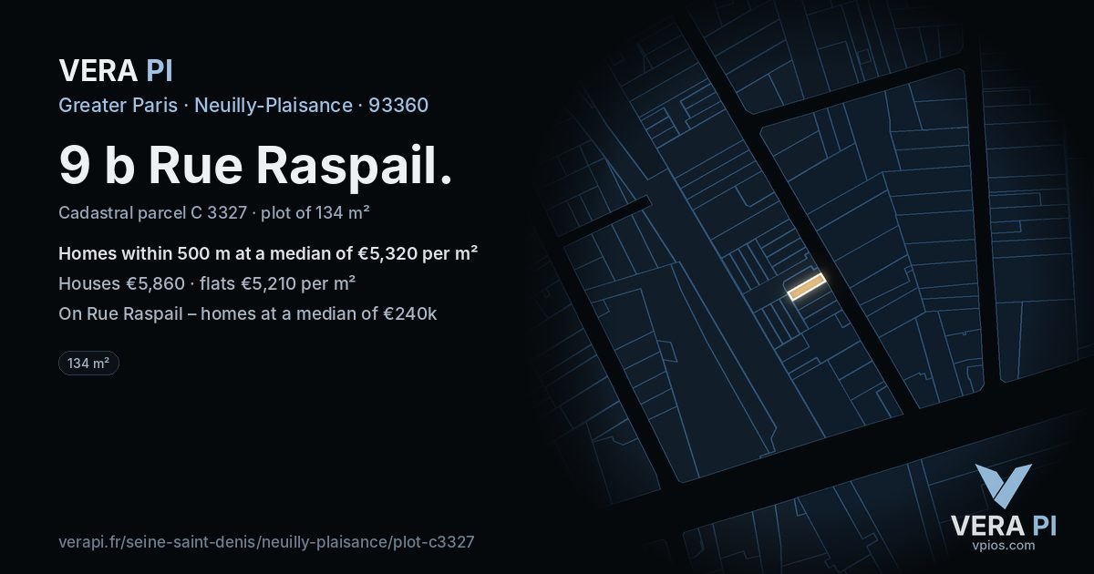 9 b Rue Raspail, Neuilly-Plaisance at night – the plot lit, the parcels around coloured by the prices near them