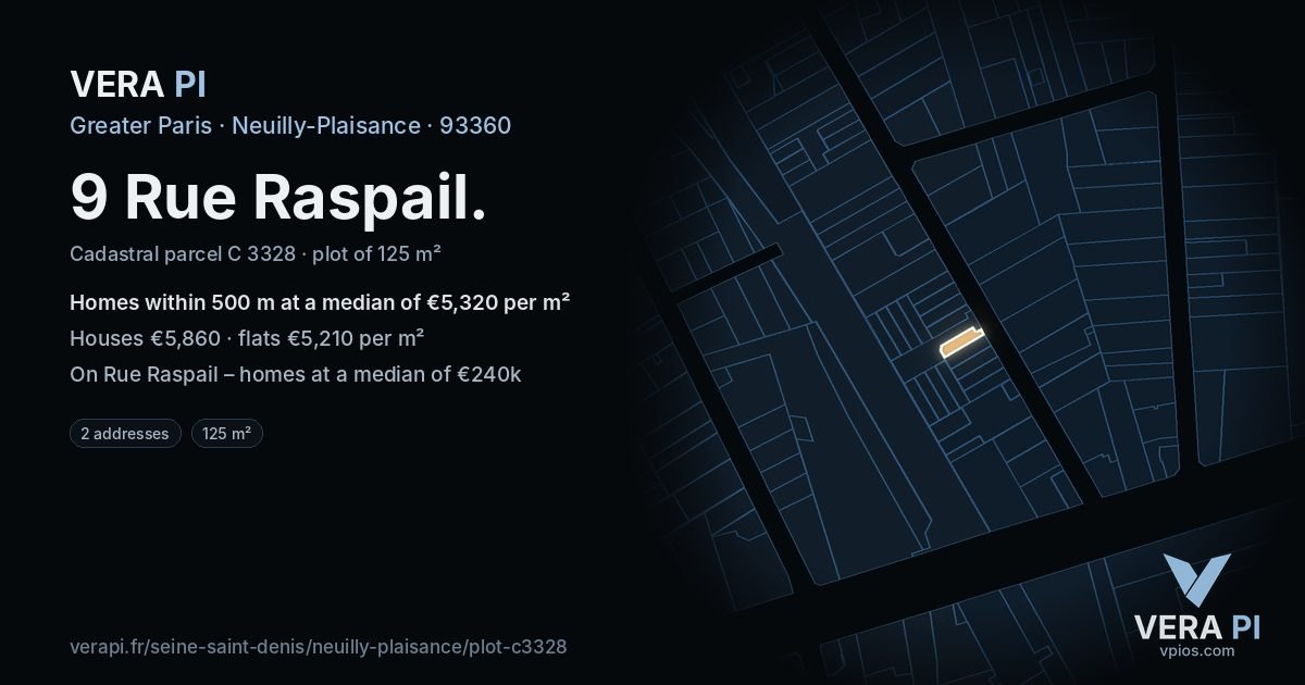 9 Rue Raspail, Neuilly-Plaisance at night – the plot lit, the parcels around coloured by the prices near them