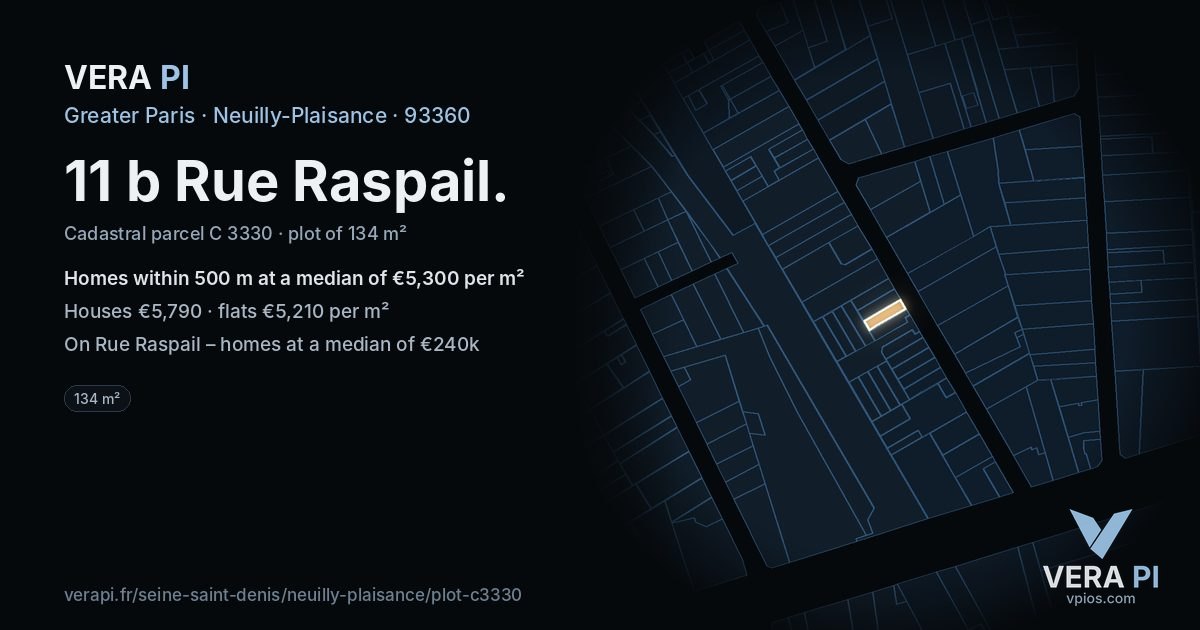 11 b Rue Raspail, Neuilly-Plaisance at night – the plot lit, the parcels around coloured by the prices near them