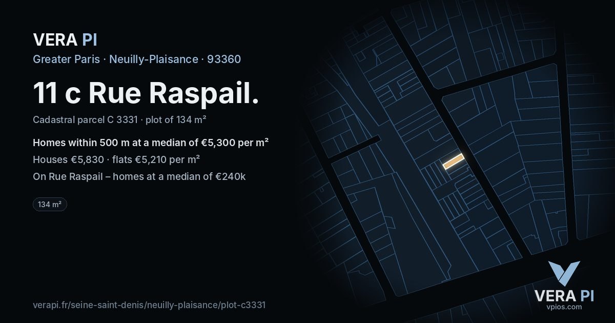 11 c Rue Raspail, Neuilly-Plaisance at night – the plot lit, the parcels around coloured by the prices near them