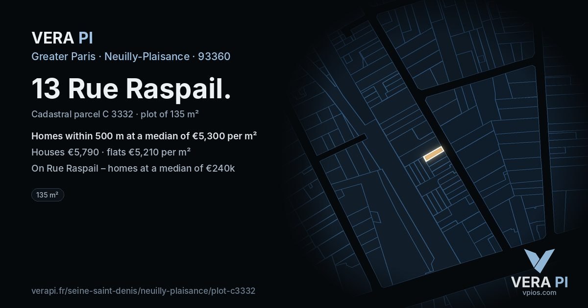 13 Rue Raspail, Neuilly-Plaisance at night – the plot lit, the parcels around coloured by the prices near them