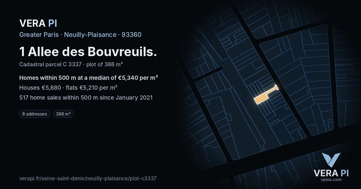 1 Allee des Bouvreuils, Neuilly-Plaisance at night – the plot lit, the parcels around coloured by the prices near them