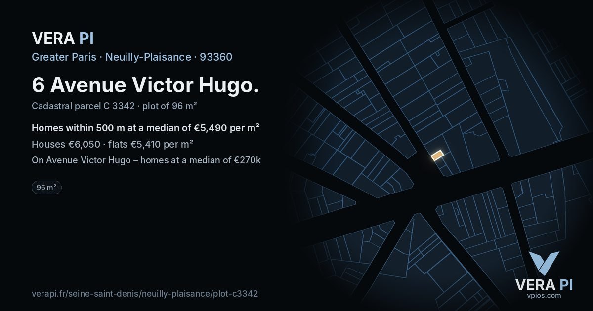 6 Avenue Victor Hugo, Neuilly-Plaisance at night – the plot lit, the parcels around coloured by the prices near them