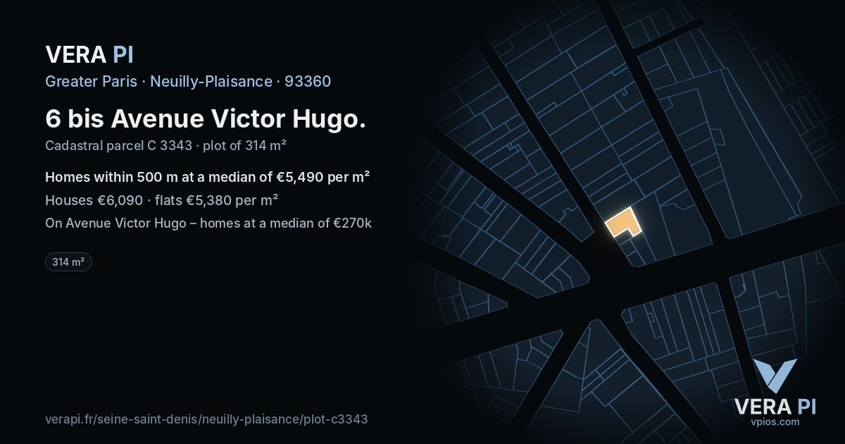 6 bis Avenue Victor Hugo, Neuilly-Plaisance at night – the plot lit, the parcels around coloured by the prices near them