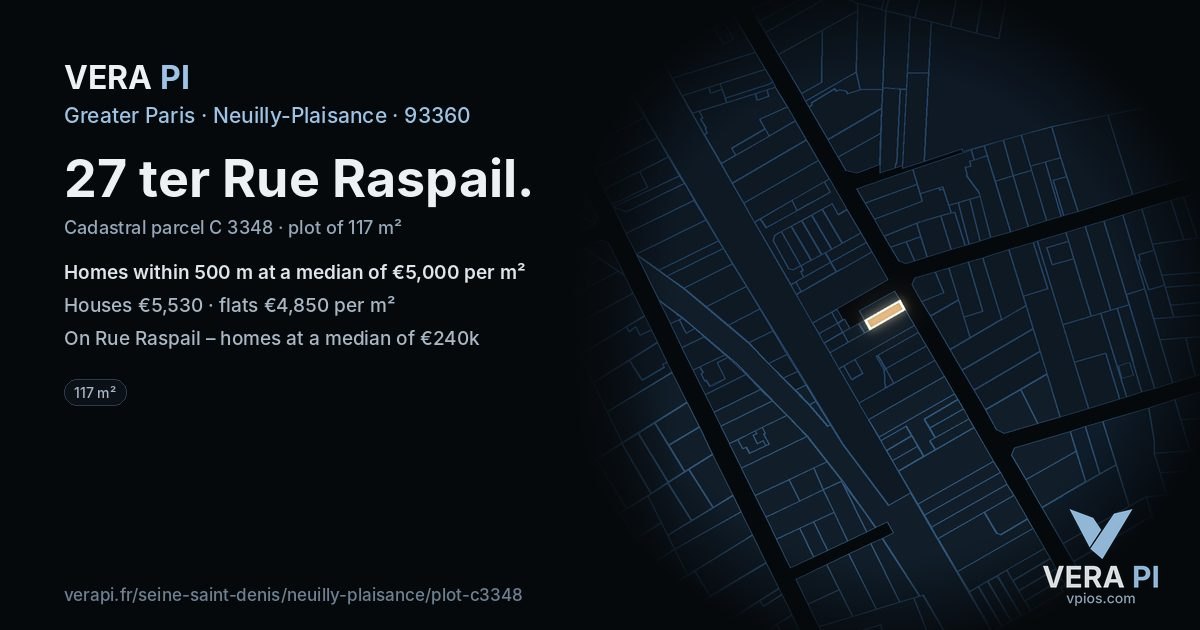 27 ter Rue Raspail, Neuilly-Plaisance at night – the plot lit, the parcels around coloured by the prices near them