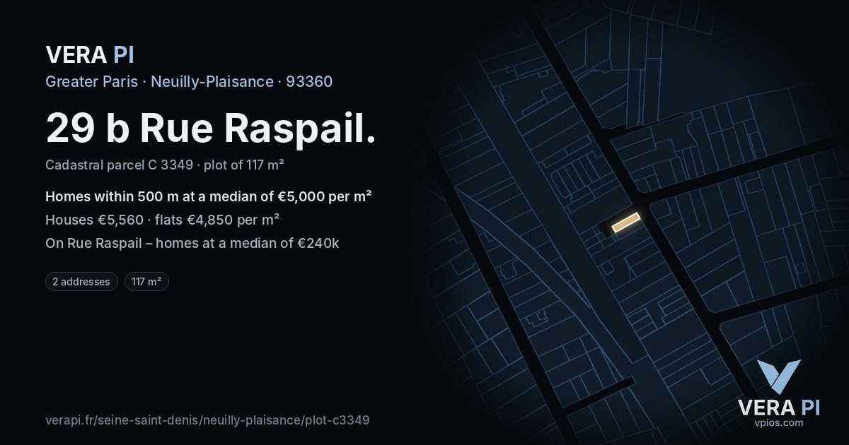 29 b Rue Raspail, Neuilly-Plaisance at night – the plot lit, the parcels around coloured by the prices near them