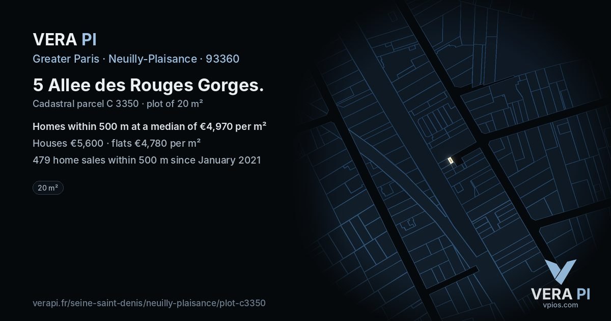 5 Allee des Rouges Gorges, Neuilly-Plaisance at night – the plot lit, the parcels around coloured by the prices near them