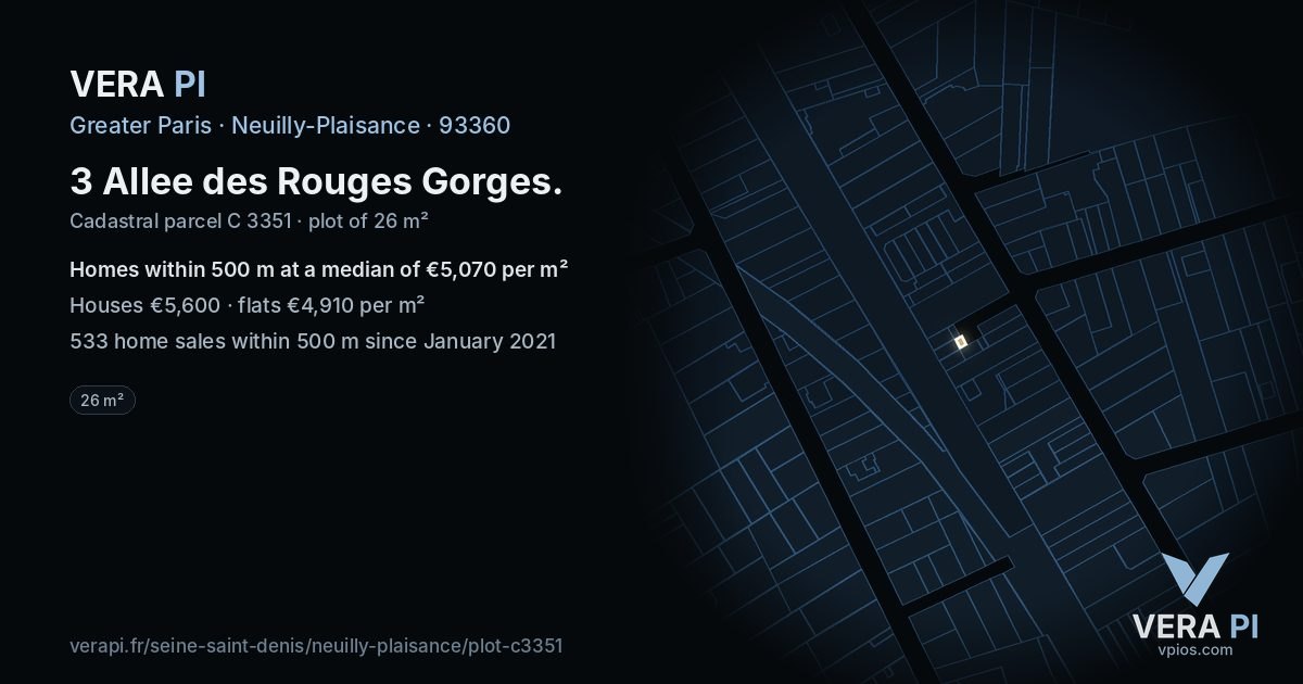 3 Allee des Rouges Gorges, Neuilly-Plaisance at night – the plot lit, the parcels around coloured by the prices near them