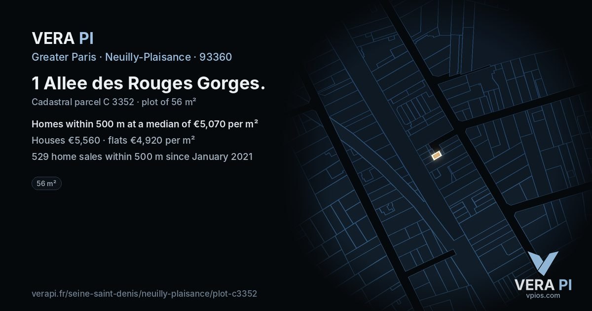 1 Allee des Rouges Gorges, Neuilly-Plaisance at night – the plot lit, the parcels around coloured by the prices near them