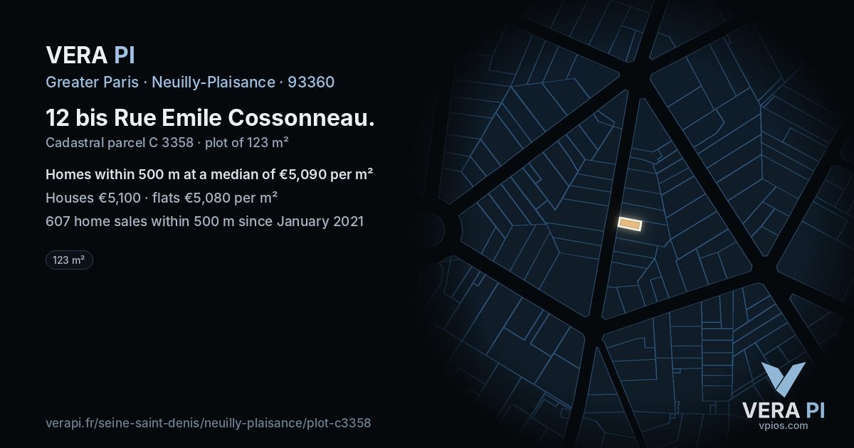 12 bis Rue Emile Cossonneau, Neuilly-Plaisance at night – the plot lit, the parcels around coloured by the prices near them
