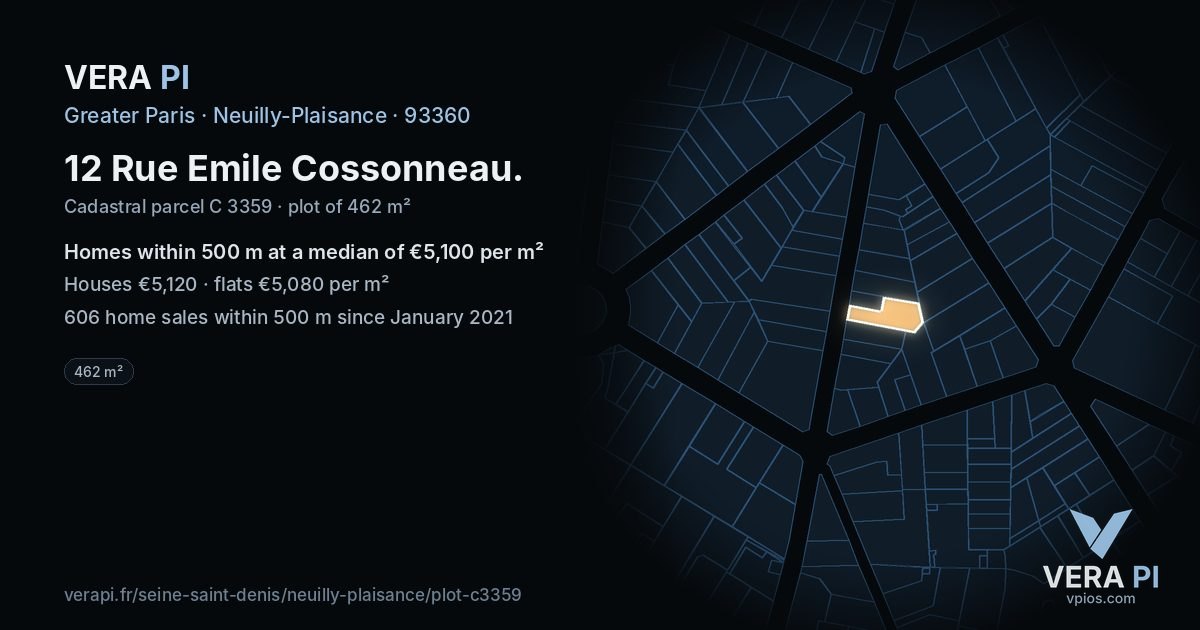 12 Rue Emile Cossonneau, Neuilly-Plaisance at night – the plot lit, the parcels around coloured by the prices near them