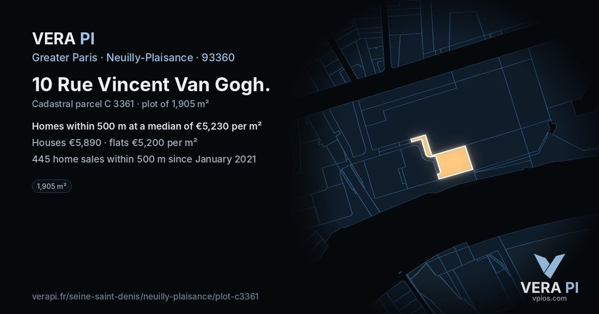 10 Rue Vincent Van Gogh, Neuilly-Plaisance at night – the plot lit, the parcels around coloured by the prices near them