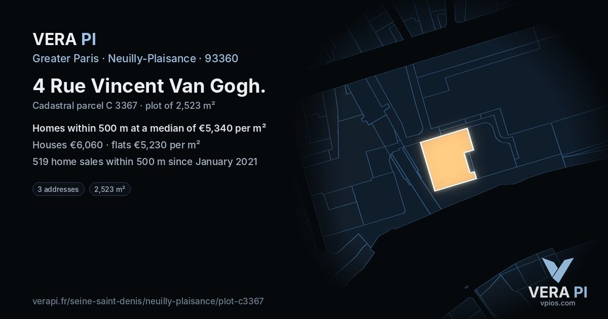 4 Rue Vincent Van Gogh, Neuilly-Plaisance at night – the plot lit, the parcels around coloured by the prices near them