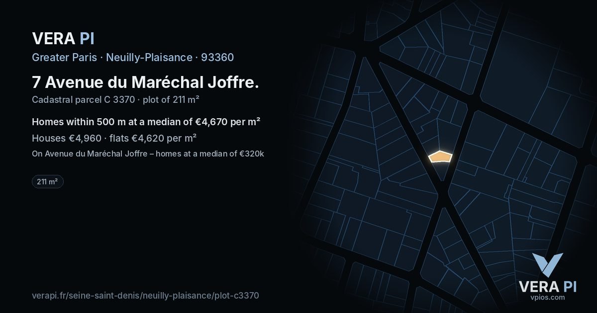 7 Avenue du Maréchal Joffre, Neuilly-Plaisance at night – the plot lit, the parcels around coloured by the prices near them