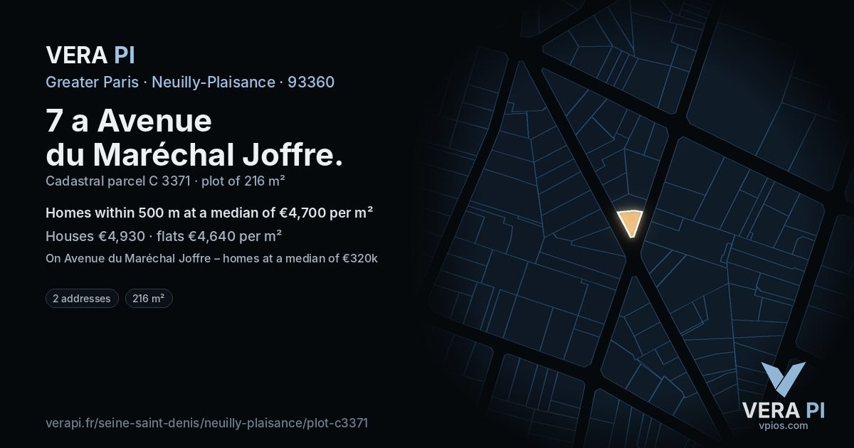 7 a Avenue du Maréchal Joffre, Neuilly-Plaisance at night – the plot lit, the parcels around coloured by the prices near them