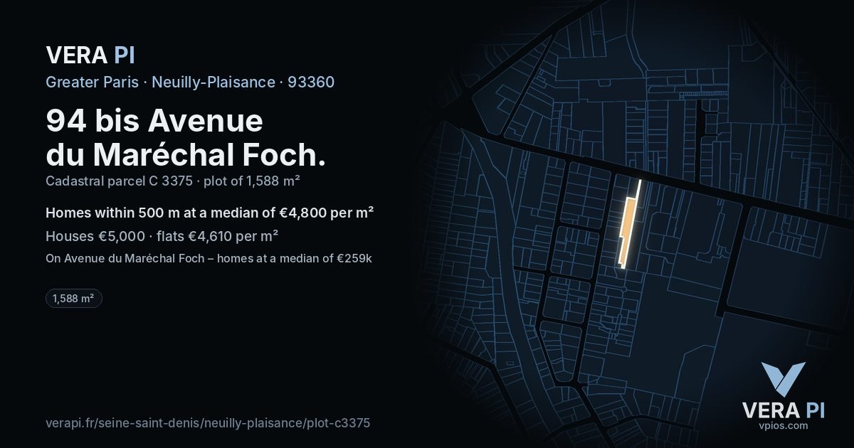 94 bis Avenue du Maréchal Foch, Neuilly-Plaisance at night – the plot lit, the parcels around coloured by the prices near them