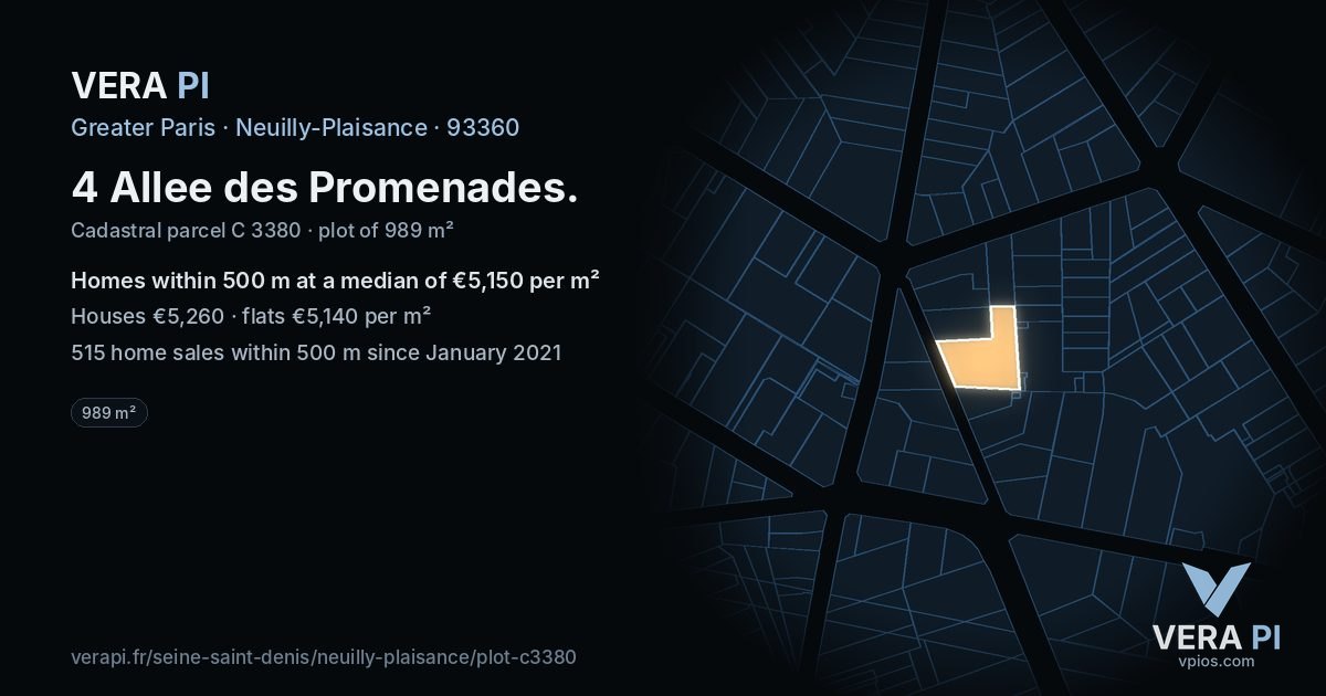 4 Allee des Promenades, Neuilly-Plaisance at night – the plot lit, the parcels around coloured by the prices near them