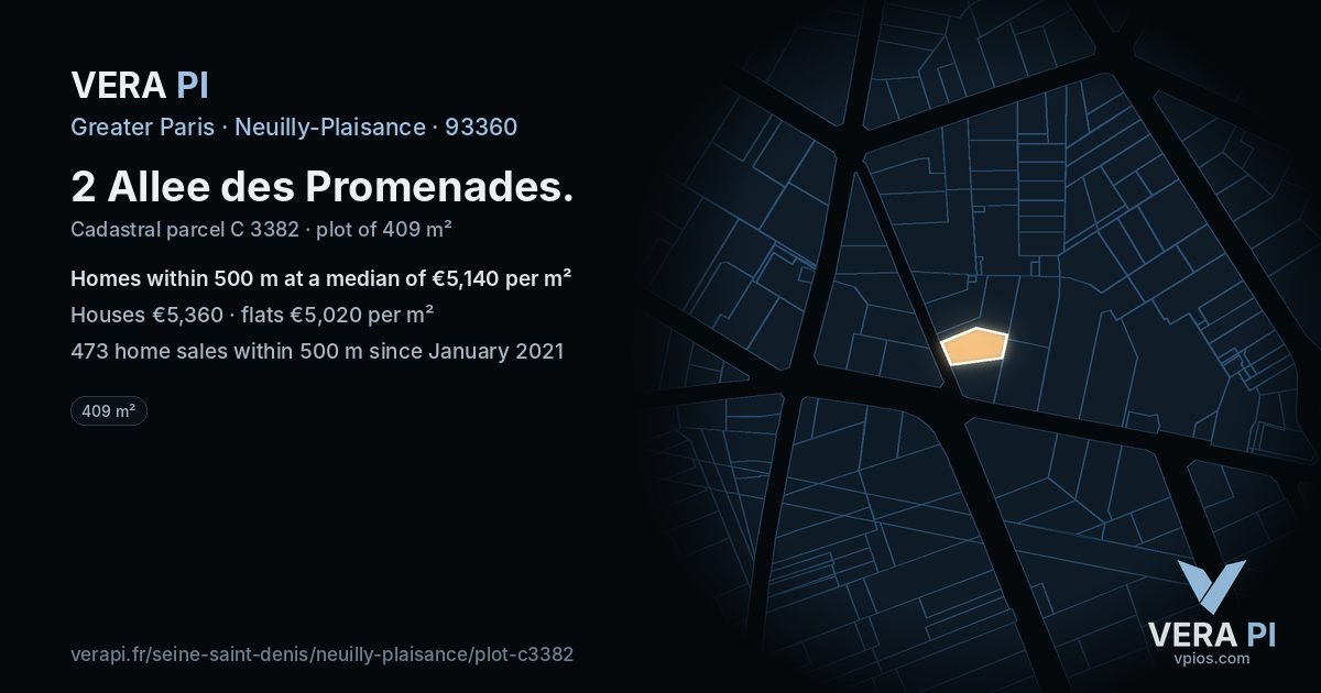 2 Allee des Promenades, Neuilly-Plaisance at night – the plot lit, the parcels around coloured by the prices near them