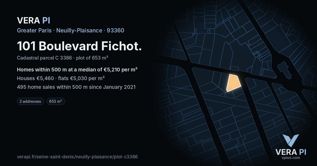 101 Boulevard Fichot, Neuilly-Plaisance at night – the plot lit, the parcels around coloured by the prices near them