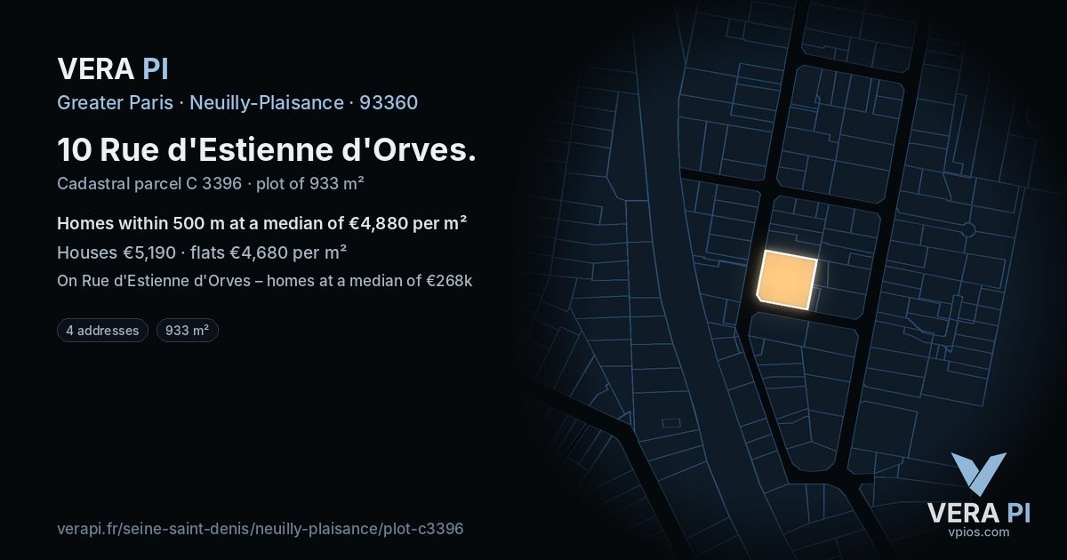10 Rue d'Estienne d'Orves, Neuilly-Plaisance at night – the plot lit, the parcels around coloured by the prices near them
