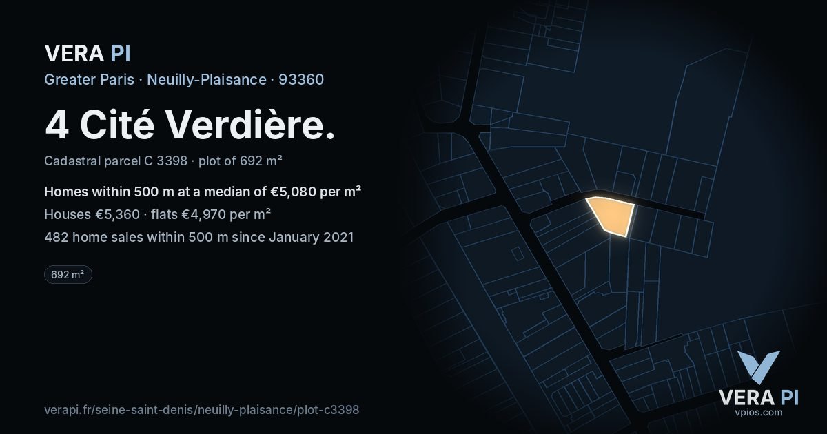 4 Cité Verdière, Neuilly-Plaisance at night – the plot lit, the parcels around coloured by the prices near them