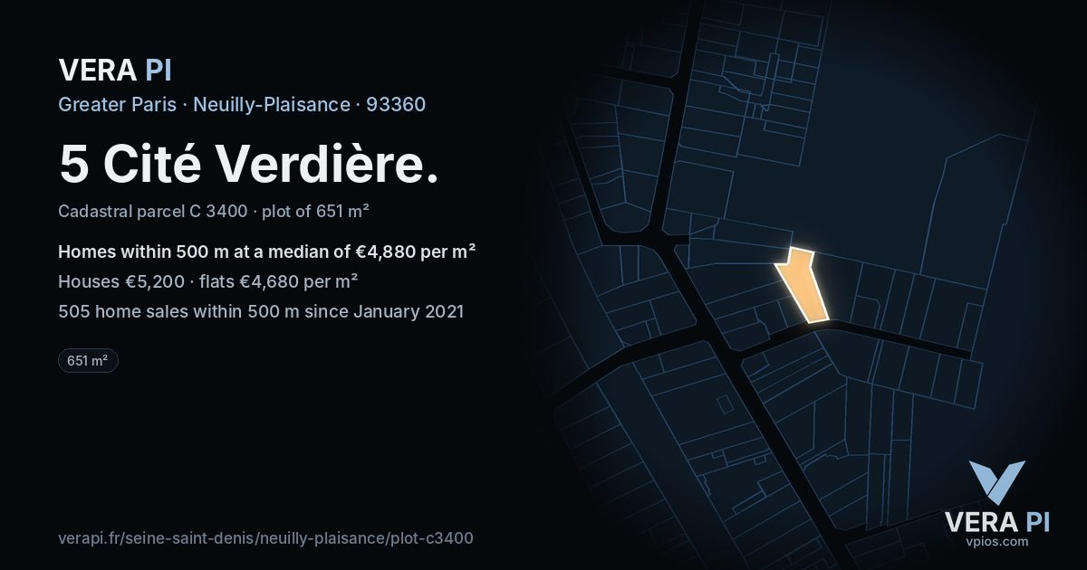 5 Cité Verdière, Neuilly-Plaisance at night – the plot lit, the parcels around coloured by the prices near them