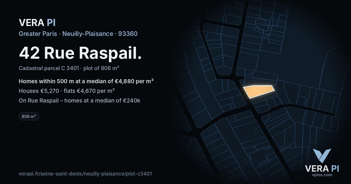 42 Rue Raspail, Neuilly-Plaisance at night – the plot lit, the parcels around coloured by the prices near them