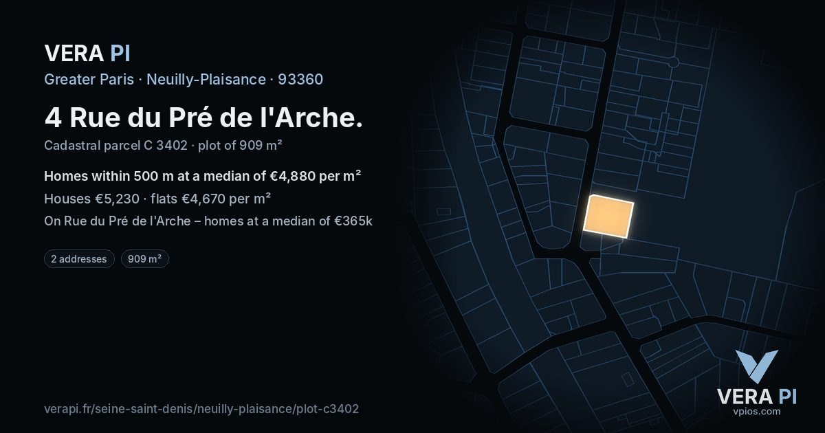 4 Rue du Pré de l'Arche, Neuilly-Plaisance at night – the plot lit, the parcels around coloured by the prices near them
