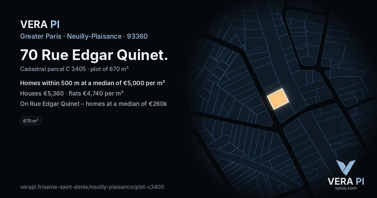 70 Rue Edgar Quinet, Neuilly-Plaisance at night – the plot lit, the parcels around coloured by the prices near them