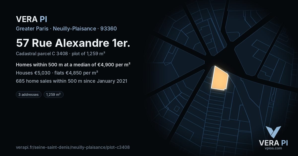 57 Rue Alexandre 1er, Neuilly-Plaisance at night – the plot lit, the parcels around coloured by the prices near them