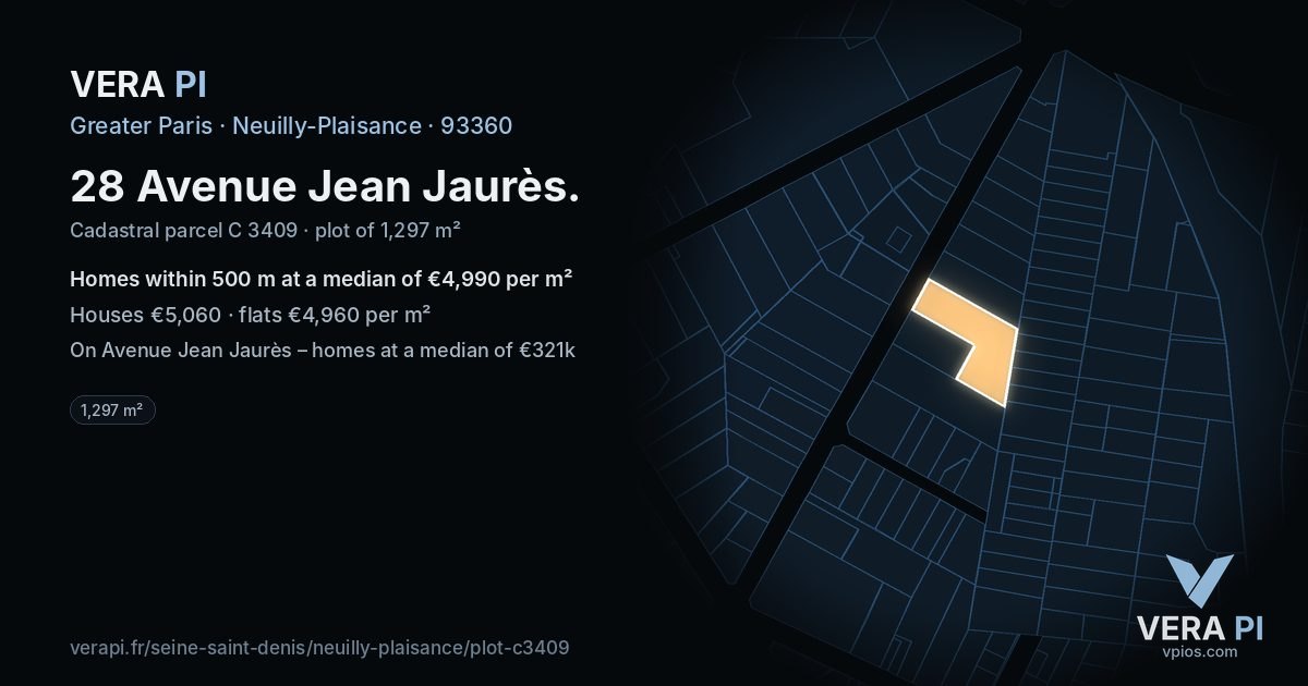 28 Avenue Jean Jaurès, Neuilly-Plaisance at night – the plot lit, the parcels around coloured by the prices near them