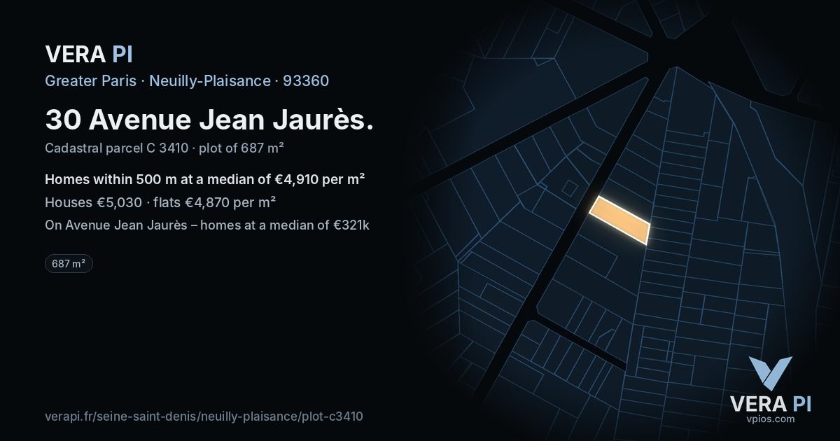 30 Avenue Jean Jaurès, Neuilly-Plaisance at night – the plot lit, the parcels around coloured by the prices near them